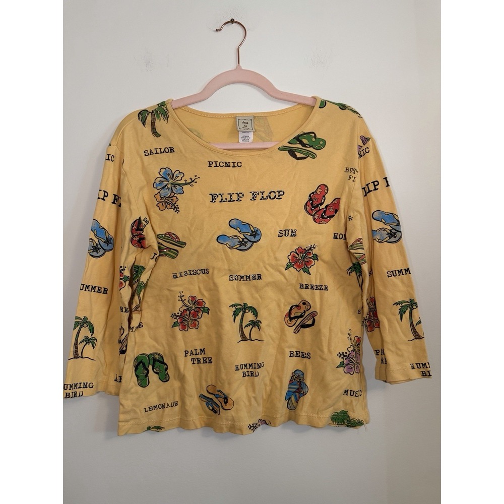 Jess & Jane‎ Yellow Rhinestone Flip Flop Graphic Top M Made in USA Y2K